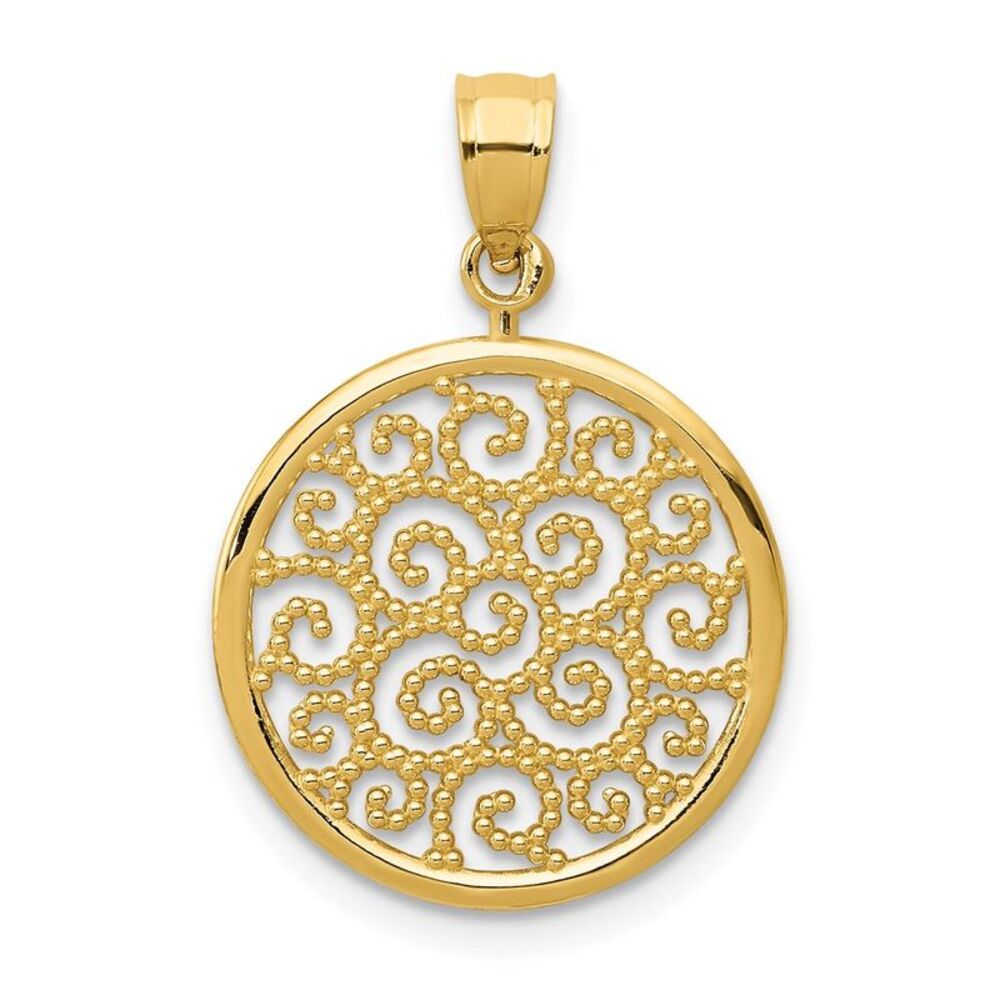 14k Yellow Gold Filigree Scroll Circle Pendant, 16mm (5/8 inch)